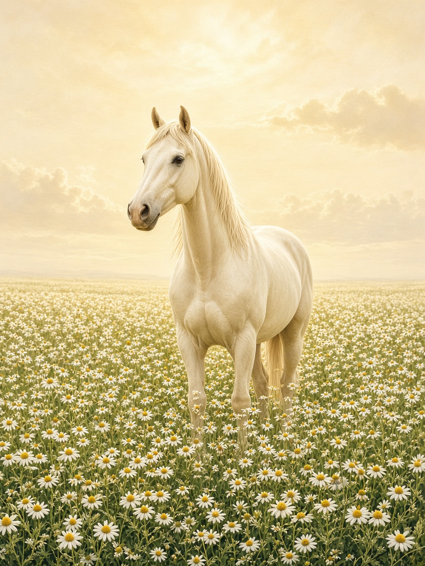 A horse in chamomile — PortraitLuxe Pale horse in a chamomile field at high noon