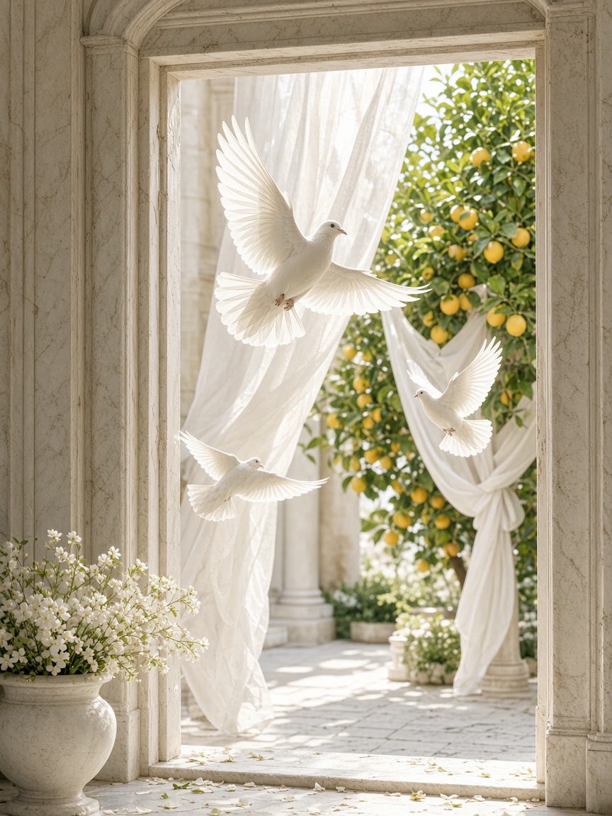 Leaving pale stone — PortraitLuxe White doves leaving a pale stone doorway into a bright citrus courtyard