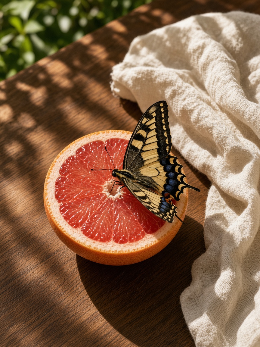 Swallowtail on grapefruit — PortraitLuxe Swallowtail on halved grapefruit with cream linen, high noon