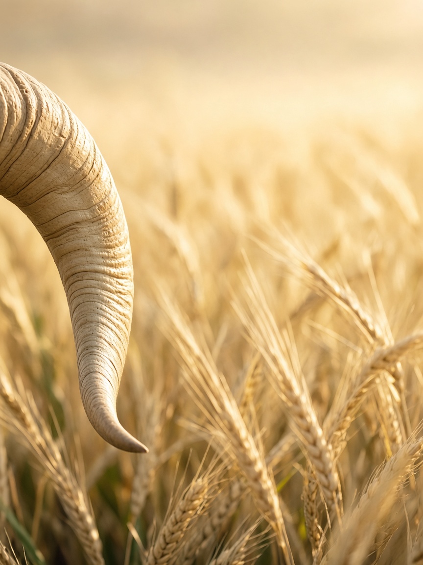 Extreme crop of a ram horn among ripe barley in high daylight