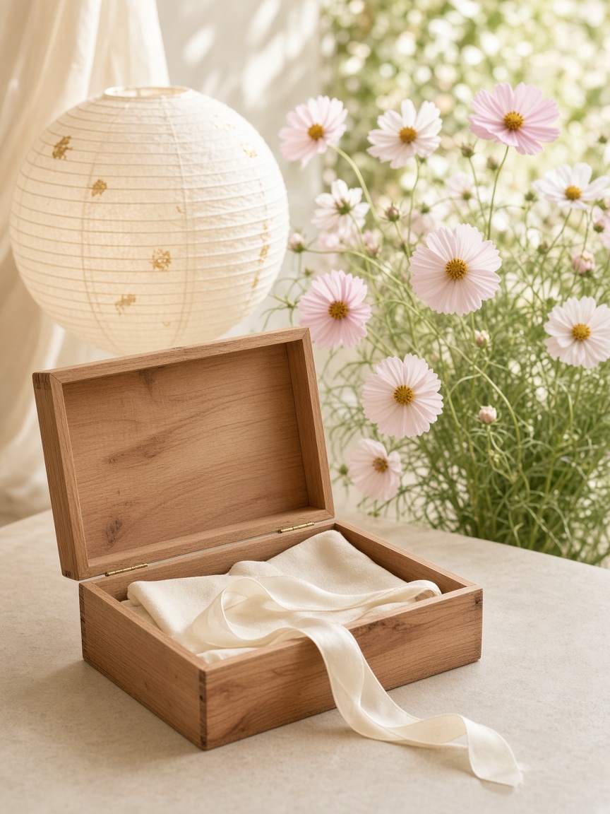 A box is not a vault — PortraitLuxe Open cedar box with silk ribbon and a folded cream sheet, rice-paper lantern and cosmos