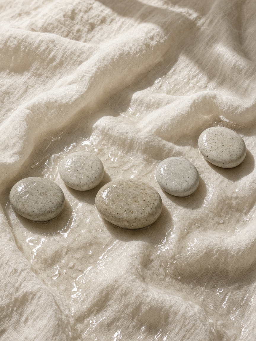 Five pale river stones on wet linen, one set apart