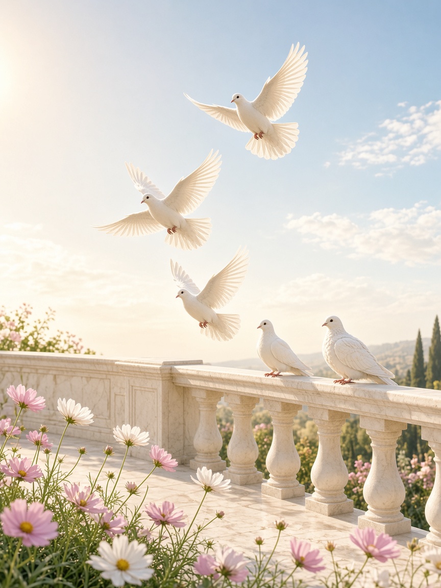 Three lift, two remain — PortraitLuxe Three white doves lifting from a terrace, two remaining
