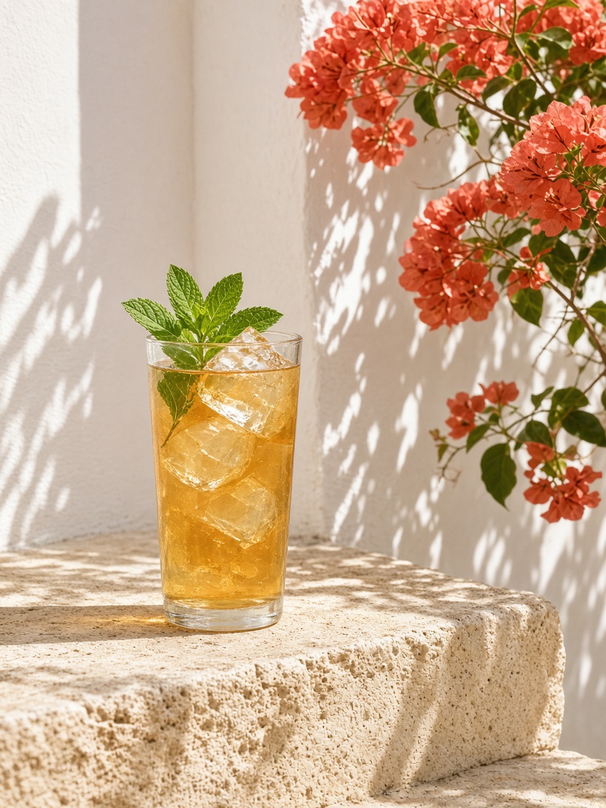 Tall glass of pale amber iced tea with mint on a sun-warmed limestone step, coral bougainvillea