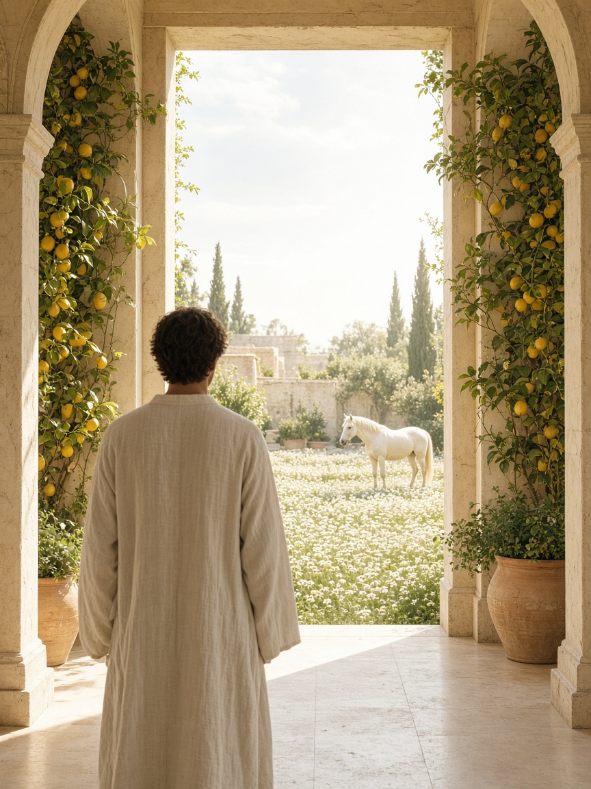 Person seen from behind in a lemon atrium at noon looking toward a pale horse in chamomile