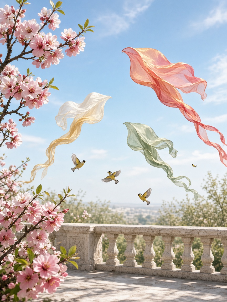 Silk in a spring sky — PortraitLuxe Silk kites in a spring sky above a terrace with goldfinches