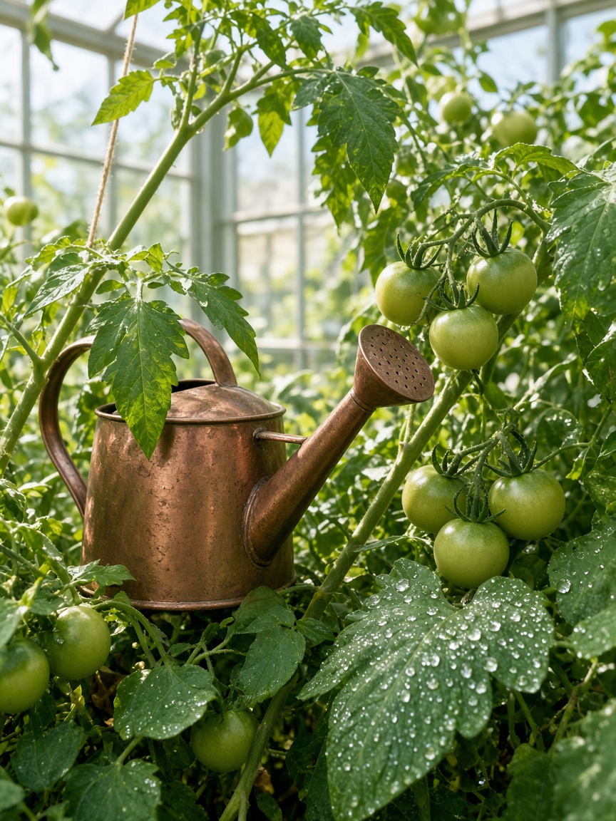 Work that shares the room — PortraitLuxe Copper watering can among tomato vines in a glass sunroom at noon