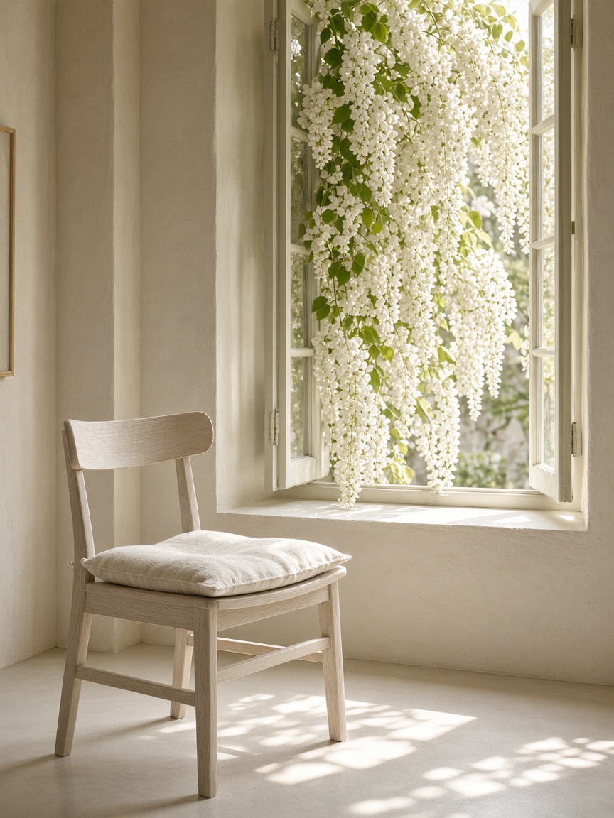 A chair that faces the light — PortraitLuxe Pale ash-wood chair facing an open window of white wisteria, linen cushion