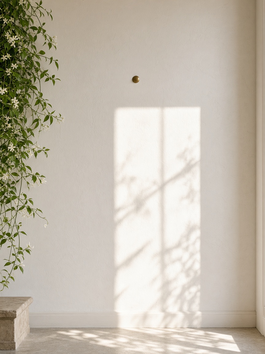 Empty plaster sunroom wall with one brass pin and a rectangle of morning sun, trailing jasmine