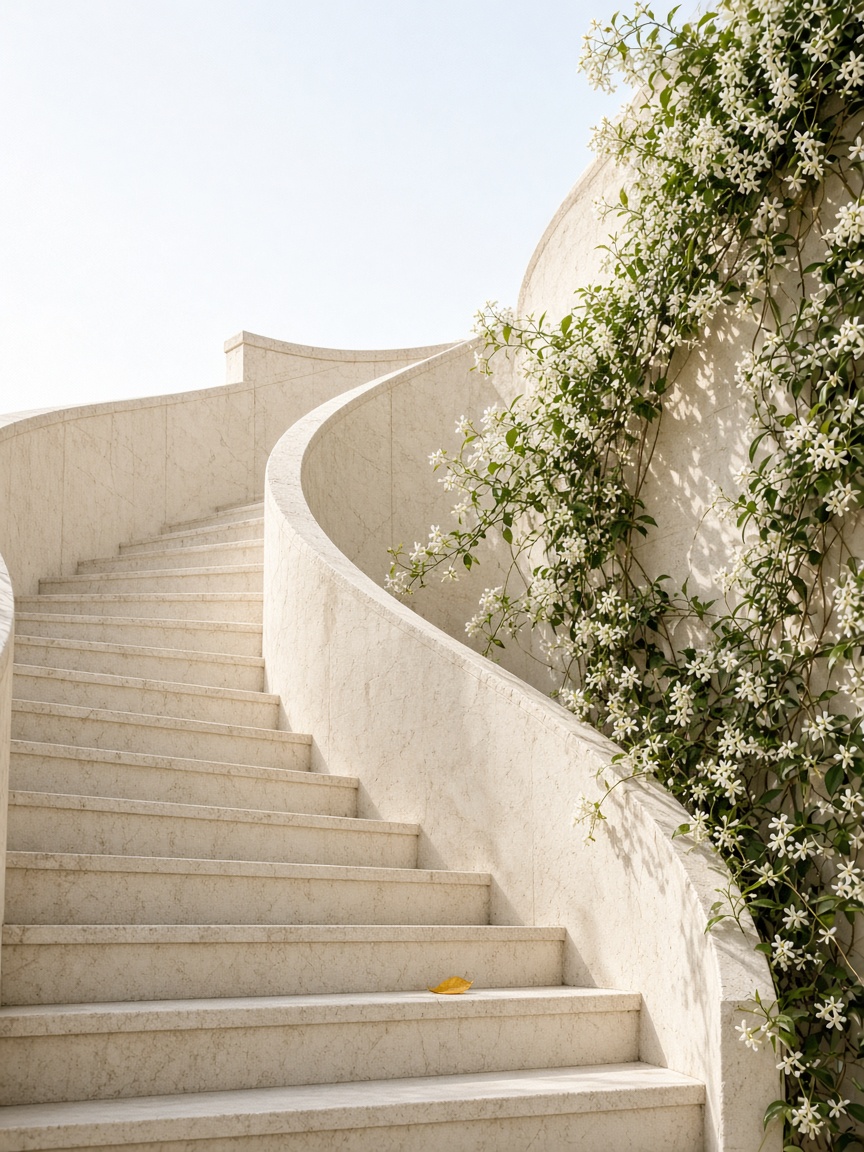 A stair that keeps going up — PortraitLuxe Pale stone spiral stair with white jasmine and one yellow citrus leaf, open sky above