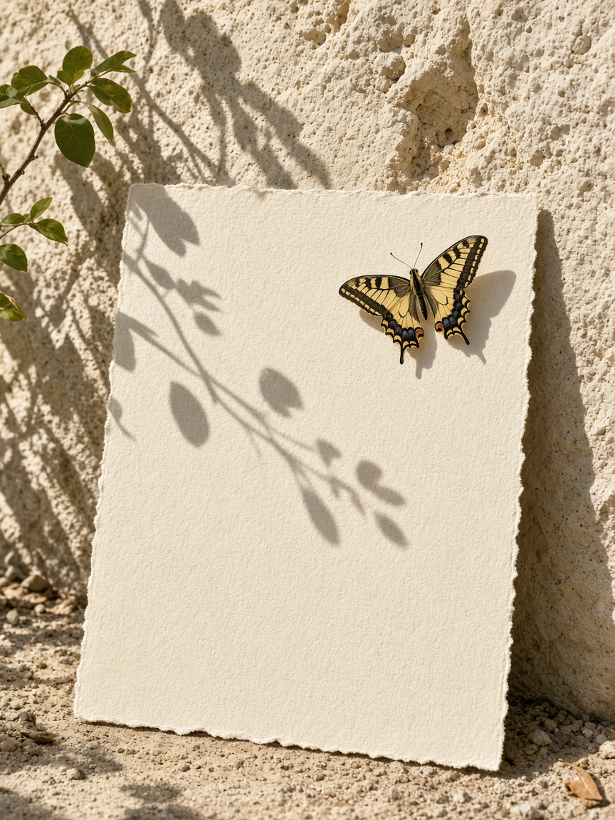 Unframed cream fine art paper leaning on pale limestone at noon, a swallowtail on the sheet
