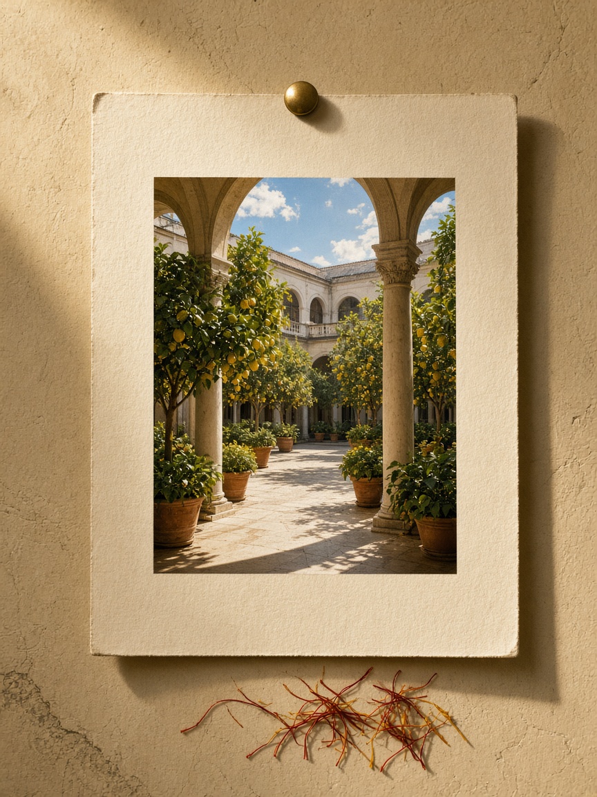 One pin, one still — PortraitLuxe Cream print of a lemon atrium pinned to plaster with one brass pin