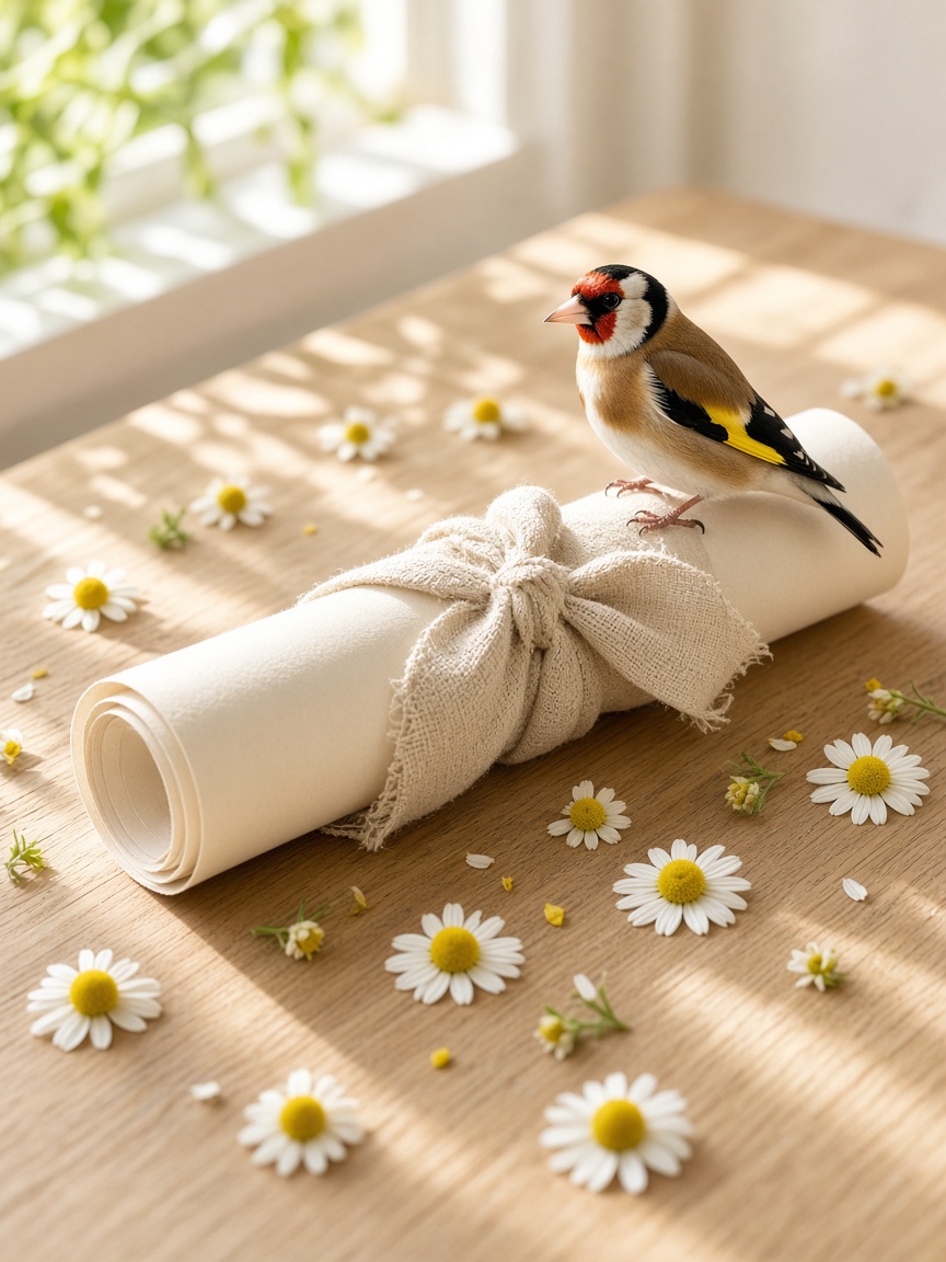 Rolled, ready to frame — PortraitLuxe Rolled giclée print in linen with a goldfinch and chamomile