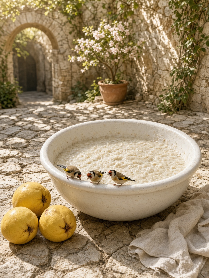 Pulp in daylight — PortraitLuxe Sunlit courtyard paper vat with goldfinches and quince